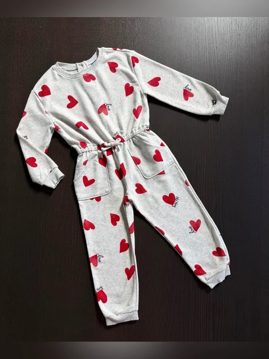 Grey Heart Print Jumpsuit with Red Hearts