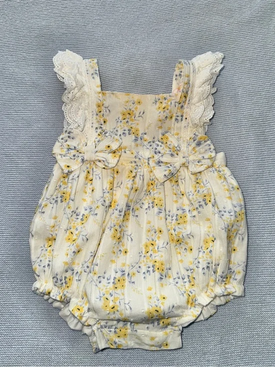 Yellow Floral Lace-Trim Baby Romper
