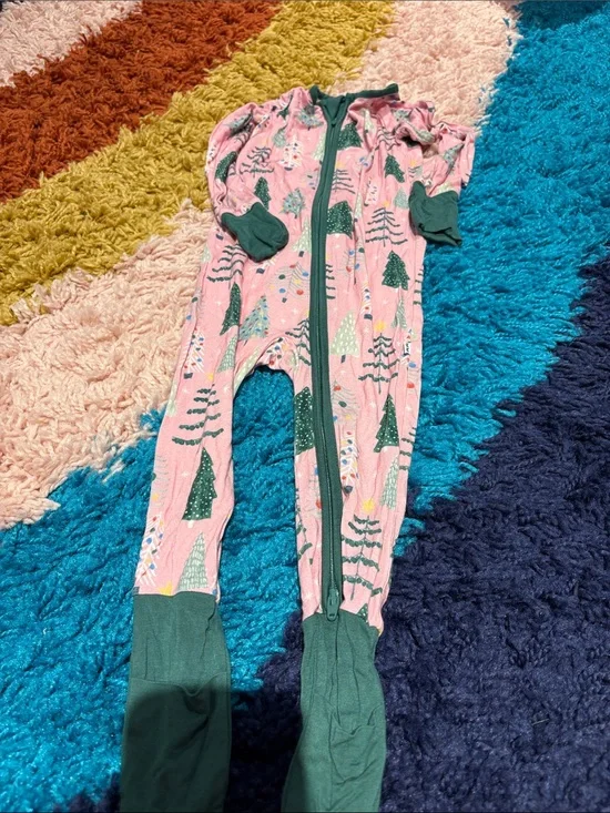 Little Sleepies Pink Footed One-Piece with Green Tree Motif