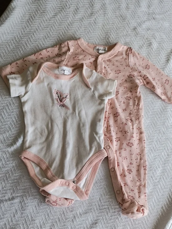 Soft Pink Floral-Trim Baby One-Piece Set