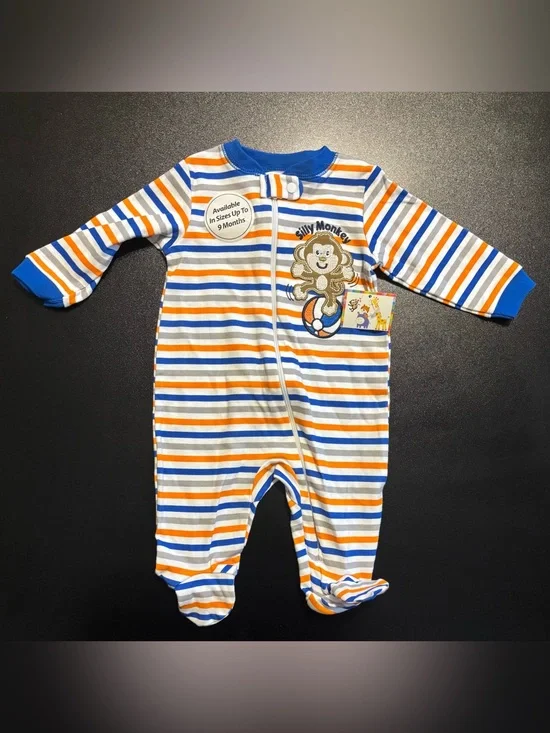 Striped Blue & Orange Baby One-Piece with Monkey Applique nwt