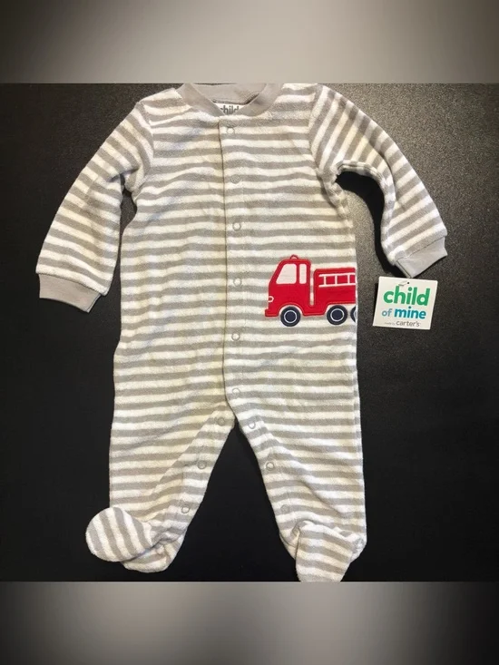 child of mine Cream and Gray Striped Footed One-Piece with Red Fire Truck nwt