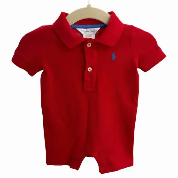 Ralph Lauren Baby Boy Red Cotton Polo Romper Shortall Size 3 Months 100% Cotton