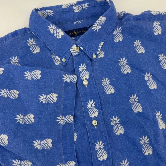 Polo Ralph Lauren Mens 2XB Blue Pineapple Print 100% Linen Short Sleeve Shirt