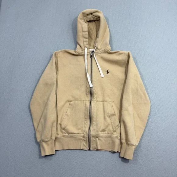 Polo Ralph Lauren Hoodie Small Beige Full Zip Pony Logo Waffle Lined Sweatshirt