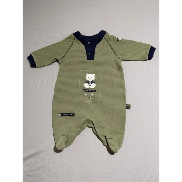 sesame street 'team teddy' bear, green blue baby‎ one piece, 0-3 months