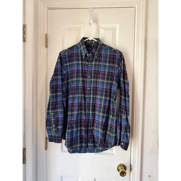 Polo Ralph Lauren Mens Small Plaid Button Down Shirt Blue Green Red Cotton Small