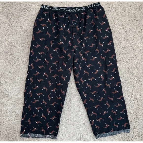 Polo Ralph Lauren Pajama Pants Mens Large Boxer Dog Print Flannel‎ Black Cotton
