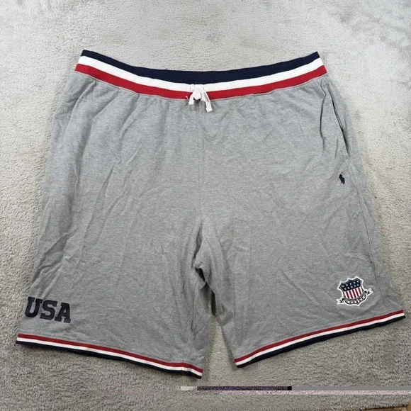 Polo Ralph Lauren Shorts Mens 5XB Grey Drawstring Sweat USA Flag Crest Gym