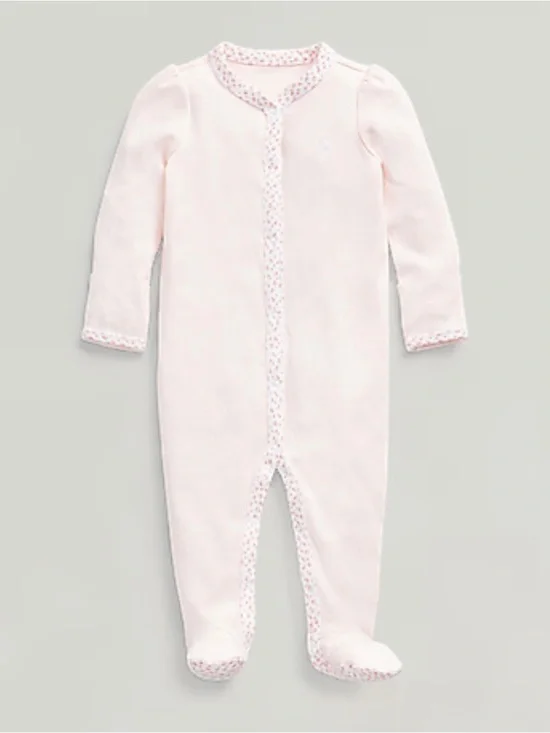 RALPH LAUREN Delicate Pink Floral-Trimmed Footed Coverall - Newborn