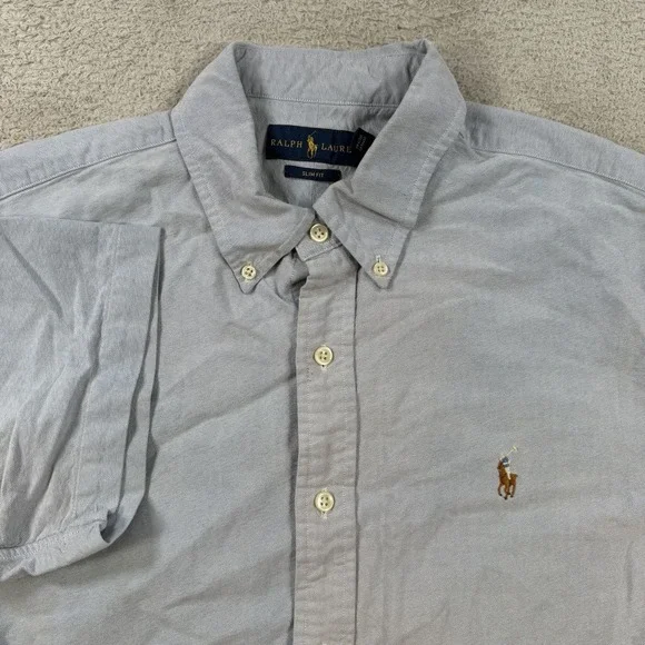 Polo Ralph Lauren Shirt Mens Large Blue Slim Fit Short Sleeve Button Down Pony