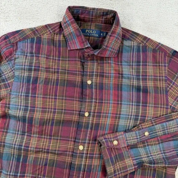 Polo Ralph Lauren Shirt Mens Small Maroon Plaid Long Sleeve Button Up