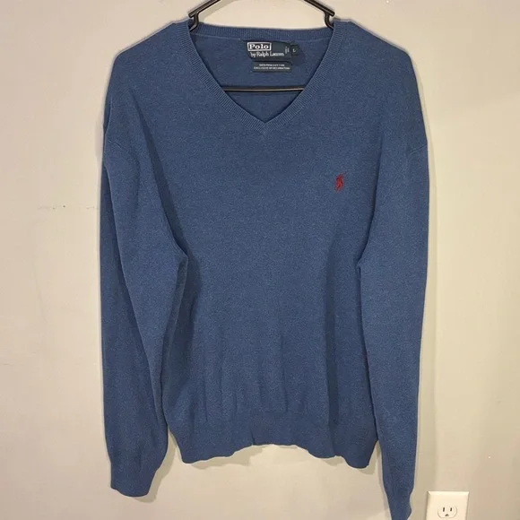 Polo by Ralph Lauren 100% Pima Cotton Men's V-Neck‎ Sweater in Blue