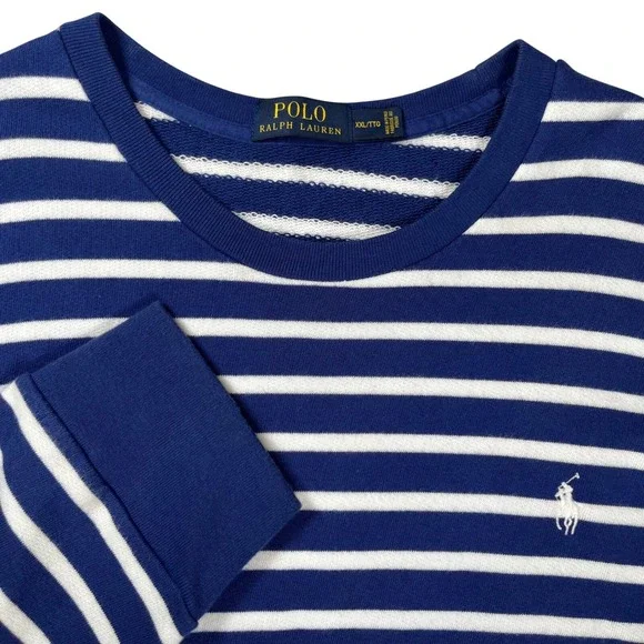 Polo‎ Ralph Lauren Pullover Men XXL Navy White Striped French Terry Crewneck