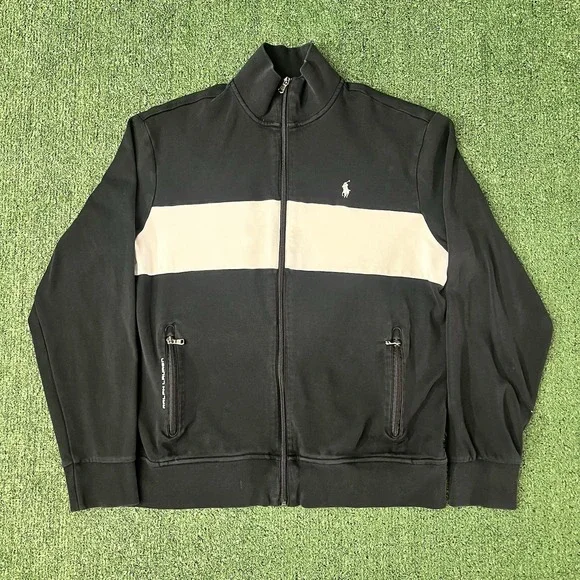 Polo Ralph Lauren Jacket Mens L Black White Colorblock Zip Up Mock Neck Faded
