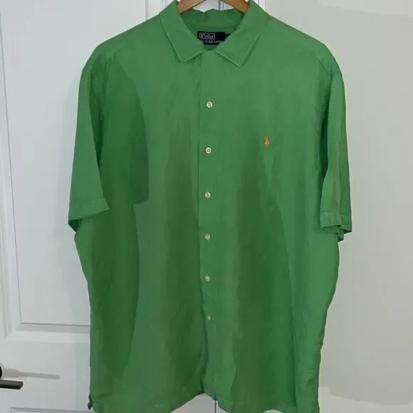 GREEN Silk/Linen Big Man Polo by Ralph Lauren w/ orange pony Hawaii Luau shirt