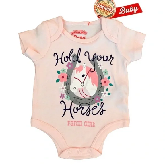 Farm Girl Brand 0-3 Months Hold Your Horses Baby Pink Floral Onsie