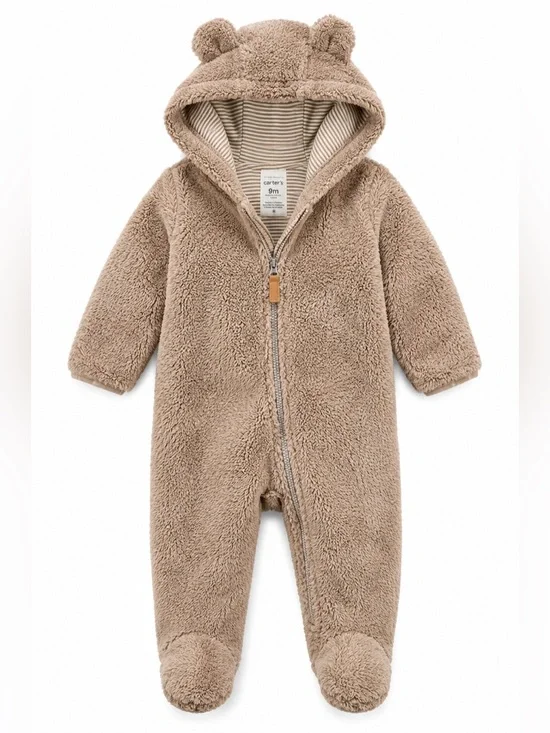 Carter’s Teddy Fleece Bear Hooded Footed Zip Romper Taupe 9M