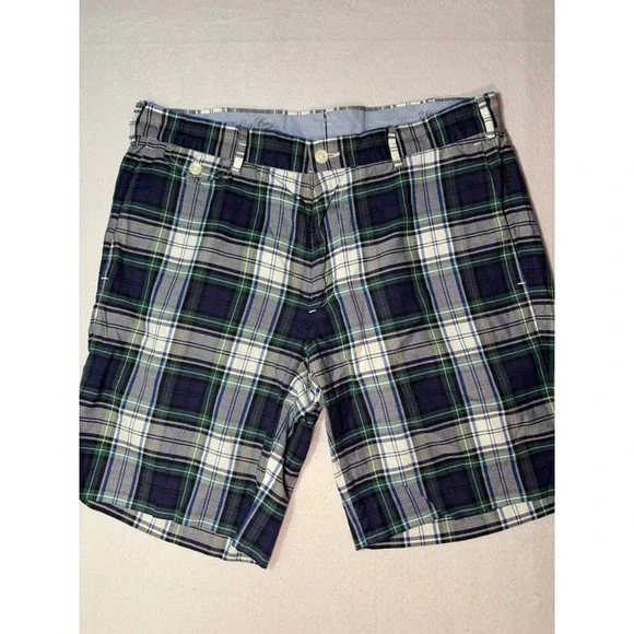 Polo Ralph Lauren Mens Slim GI Fit Plaid Shorts Navy Blue Green Cotton Size 32