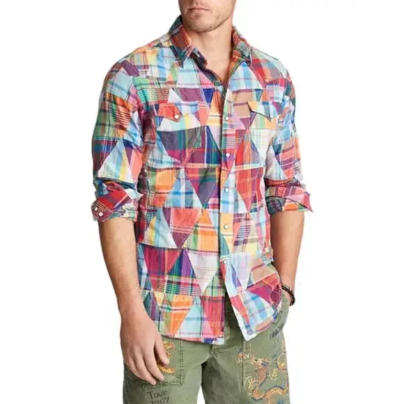 NWT POLO RALPH LAUREN Shirt M Patchwork Plaid Snaps Flap-Pocket Multi Long-Sleev