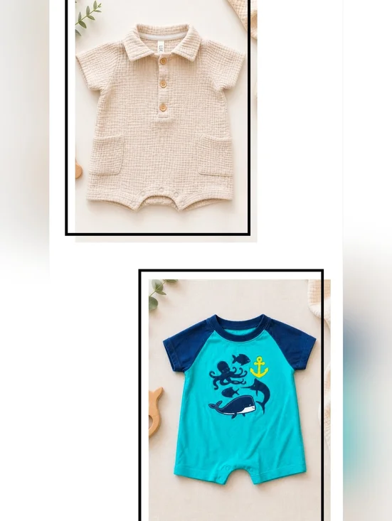 Bundle Of 2 - Short-Sleeve Beige Waffle-Knit & Turquiose Ocean Print Rompers