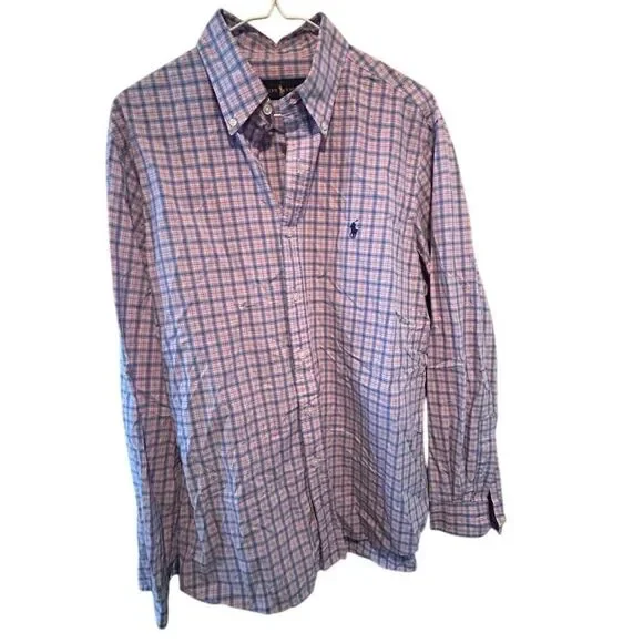 Polo Ralph Lauren Men's L‎ Pink and Blue Plaid Long Sleeve Button Down Shirt