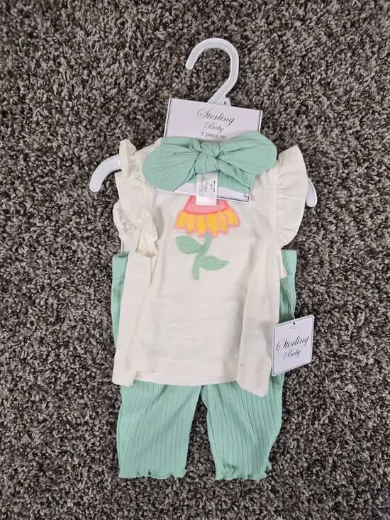Sterling Baby Girls Sz 6M 3 Piece Outfit Set White Sage Green Floral Print NEW