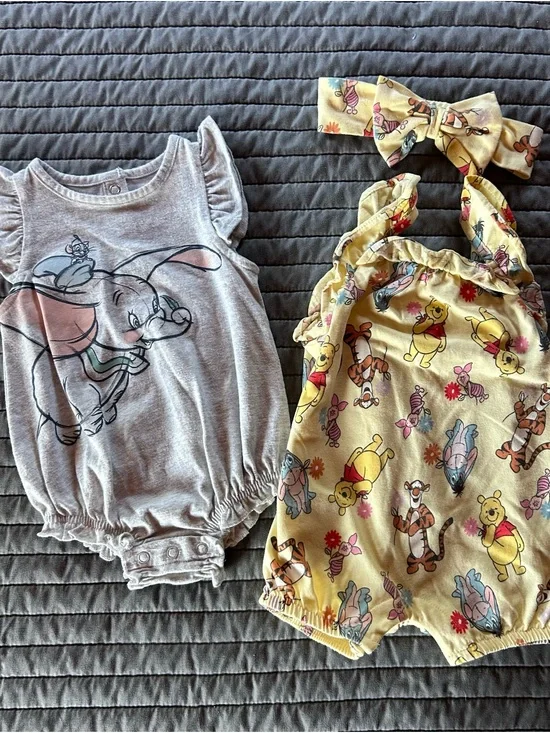 Disney Baby Dumbo Bubble Romper (6m) & Winnie the Pooh Print Romper (6/9m)