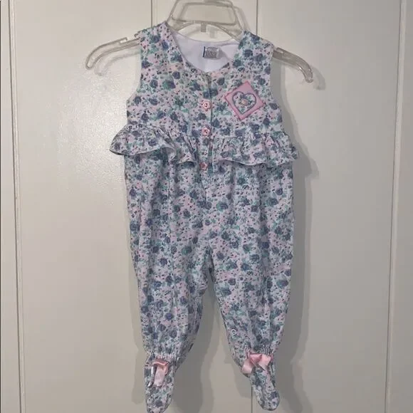 Vtg  floral corduroy footie onesie romper‎