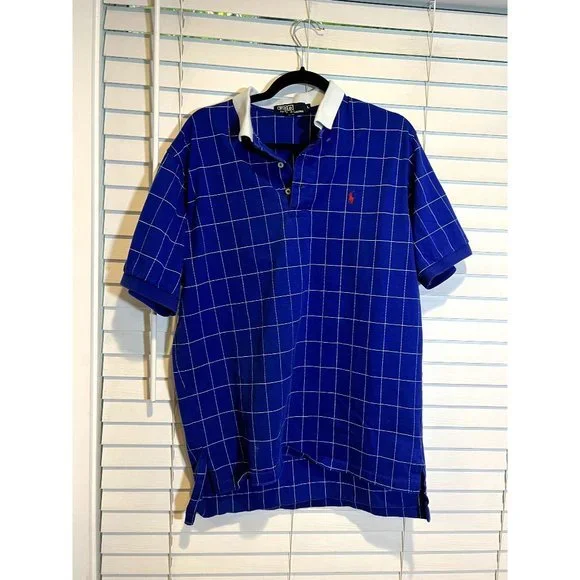 Polo Ralph Lauren Mens Blue Windowpane Check Polo‎ Shirt White Collar Large L