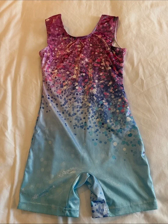 Girls Ombre Sparkle Gymnastics Leotard Romper - Pink to Light Blue
