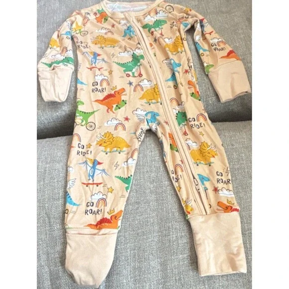 Baby Footless Zip Sleeper One-Piece 0-3M Bamboo Beige Dino Rainbow Jersey