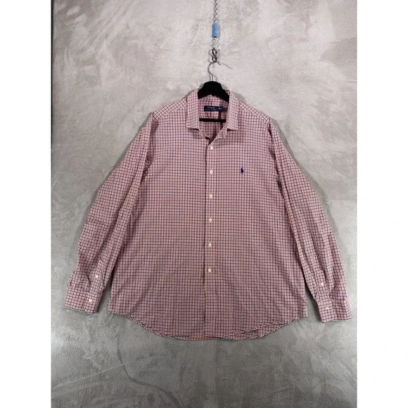 Polo Ralph Lauren Button Up Shirt Mens XXL Orange Blue Gingham Check Cotton