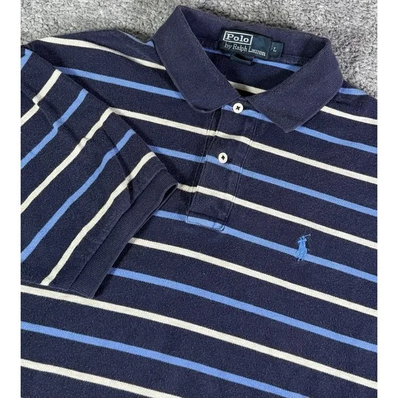 Polo Ralph Lauren Shirt Mens Large Navy Striped Short Sleeve Polo Preppy Y2K VTG