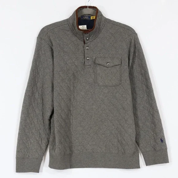 Polo Ralph Lauren Quilted Pullover Mens M Gray Mock Neck Snap Pocket $130 NWT