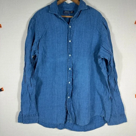 Polo Ralph Lauren Button Down Mens XXL Blue Excellent Linen Polka Dot Shirt