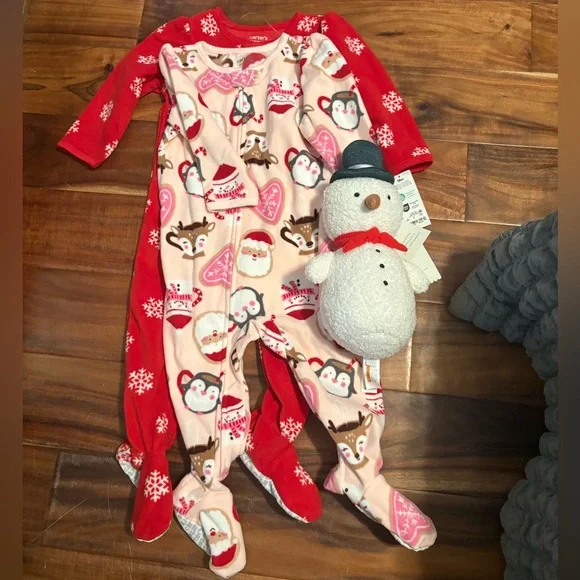 Baby Christmas Outfit‎ Set 18M Carter’s Fleece Sleeper + Snowman Plush NWT k1