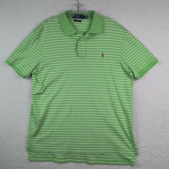 Polo‎ Ralph Lauren Pima Interlock Polo Shirt Flesh Pony Green White Stripe Sz XL