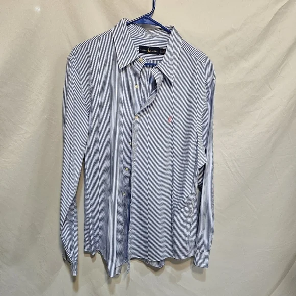 Polo Ralph Lauren Blue Striped Dress Shirt X-Large Pink Logo