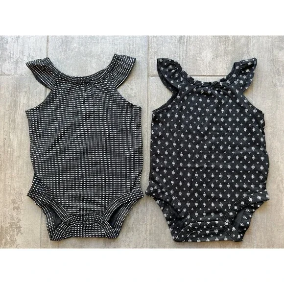 Set of 2 Lot Baby Girl Newborn Black White Boho One Piece Bodysuit Cotton NEW 3m