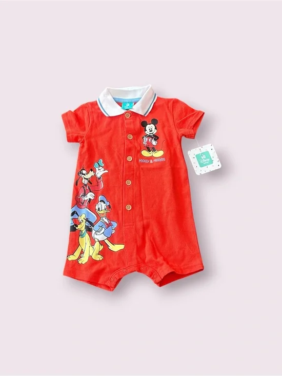 NWT Disney Baby Red Orangish Polo-Style Mickey & Friends Baby Romper Size 12 Mon