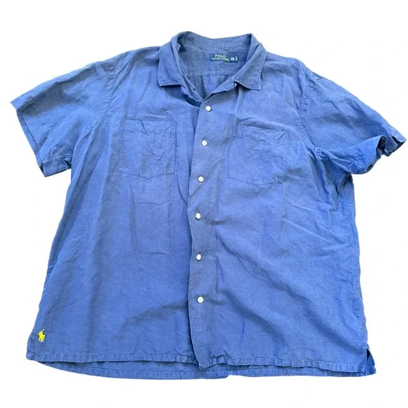 Polo Ralph Lauren Linen Silk Shirt Mens XXL Blue‎ Camp Casual Button Up Resort