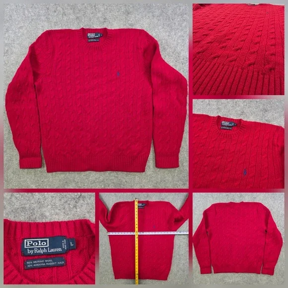 VTG Polo Ralph‎ Lauren Sweater Mens Large Red Merino Angora Cable Knit Crewneck
