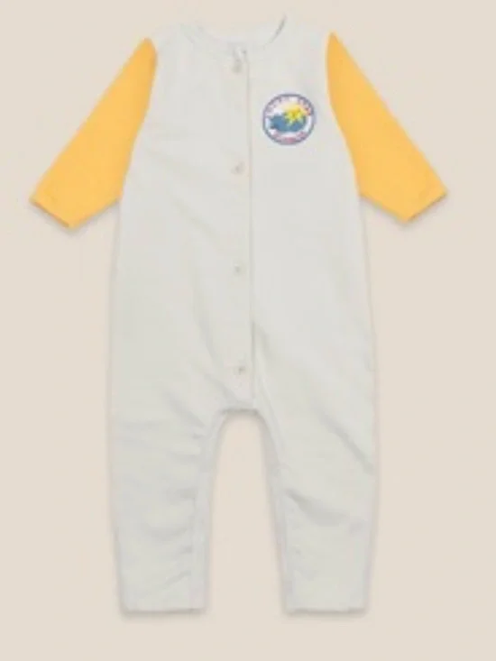 Bobo Choses Cream Footie with Yellow Sleeves and Chest Patch