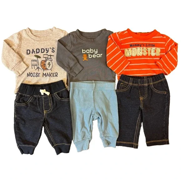 Baby Boy 3 Months Outfits Jeans Pants Long Sleeved Bodysuits Shirts‎ Lot Monster