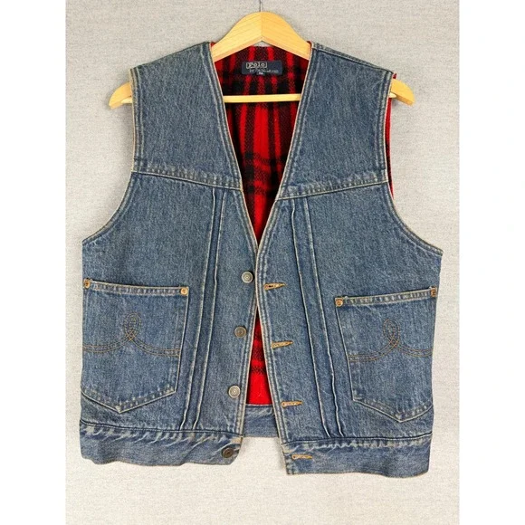 Vintage Polo Ralph Lauren Denim Vest Plaid Lined Blue Mens Medium 90s western