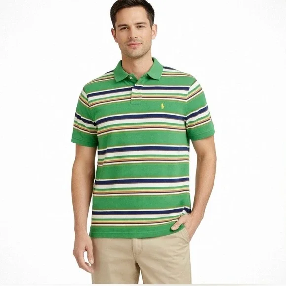 Polo Ralph Lauren Green Striped Golf Preppy Country Club Polo Shirt Men's‎ L