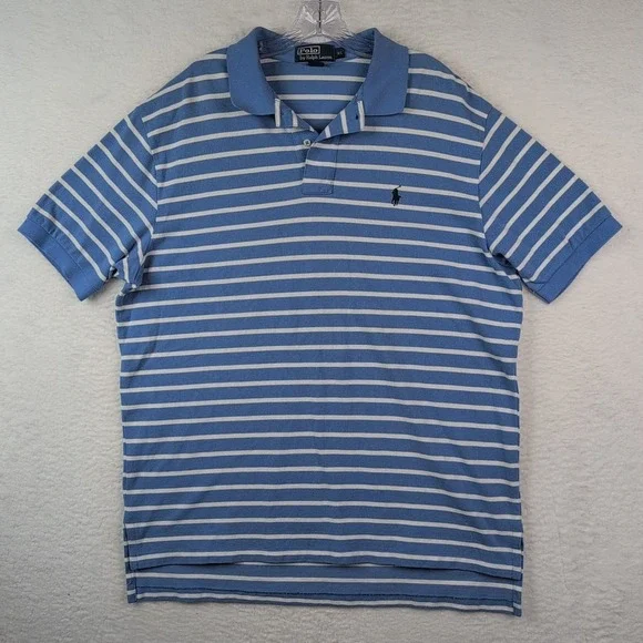 Polo‎ Ralph Lauren Polo Shirt Men's XL Blue White Striped VTG Short Sleeve
