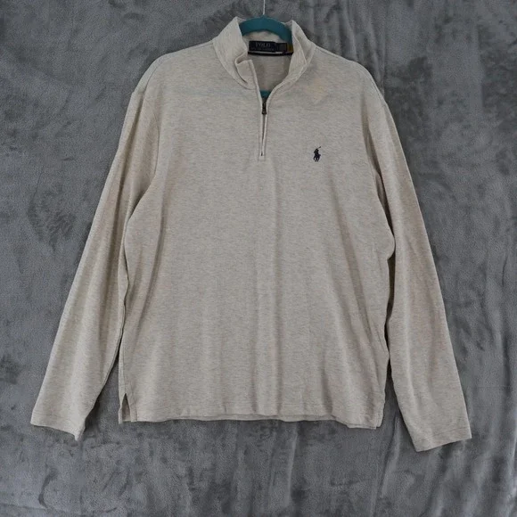 Polo Ralph Lauren Quarter Zip Pullover Men Large Cream Heather Mock Neck $135NWT