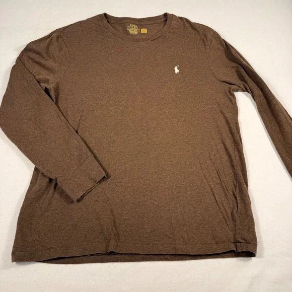 Polo Ralph Lauren Long Sleeve T-Shirt Large Brown Custom Slim Fit Cotton Pony